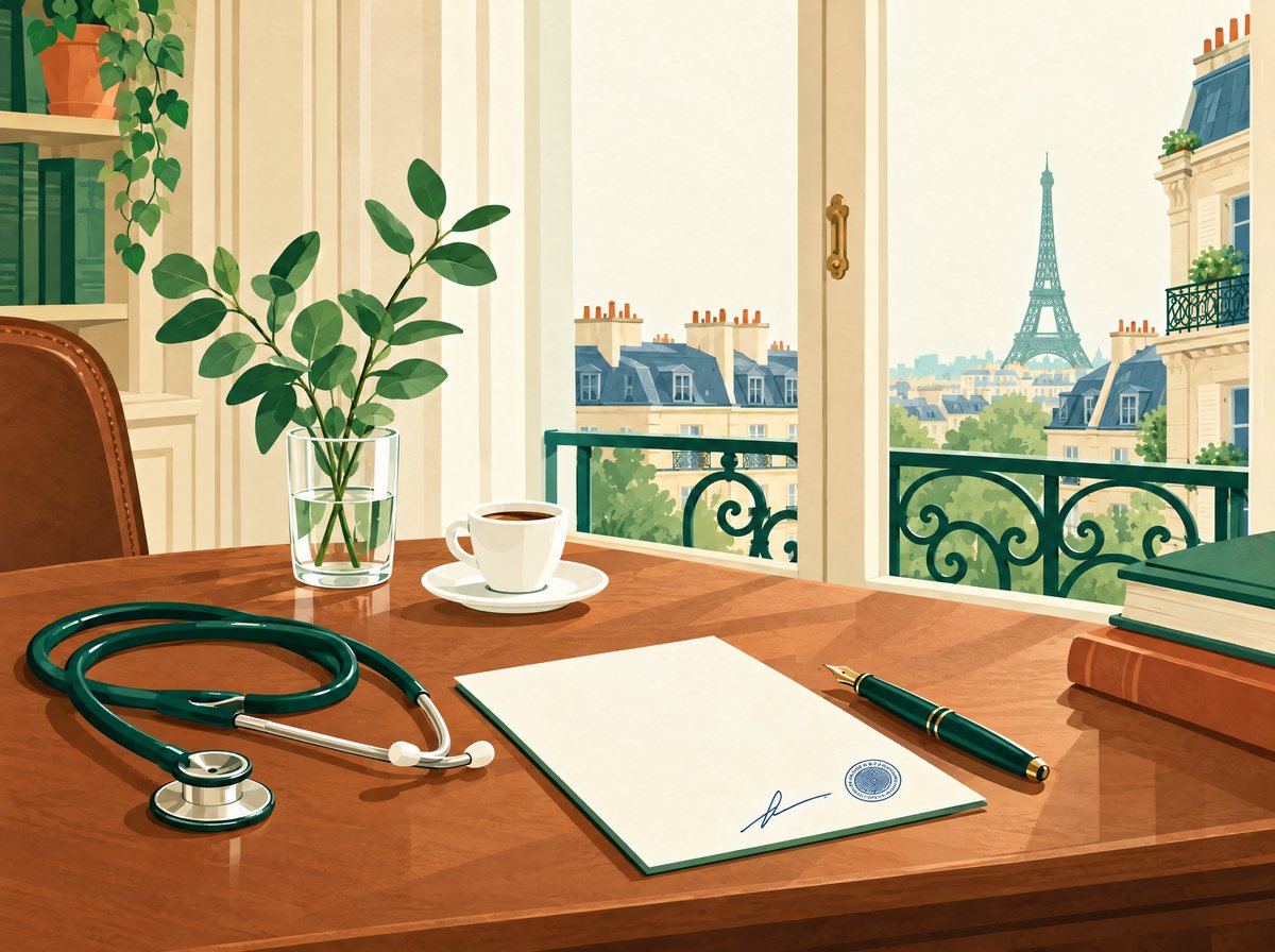 A doctor's desk in Paris: stethoscope, fountain pen and a signed prescription