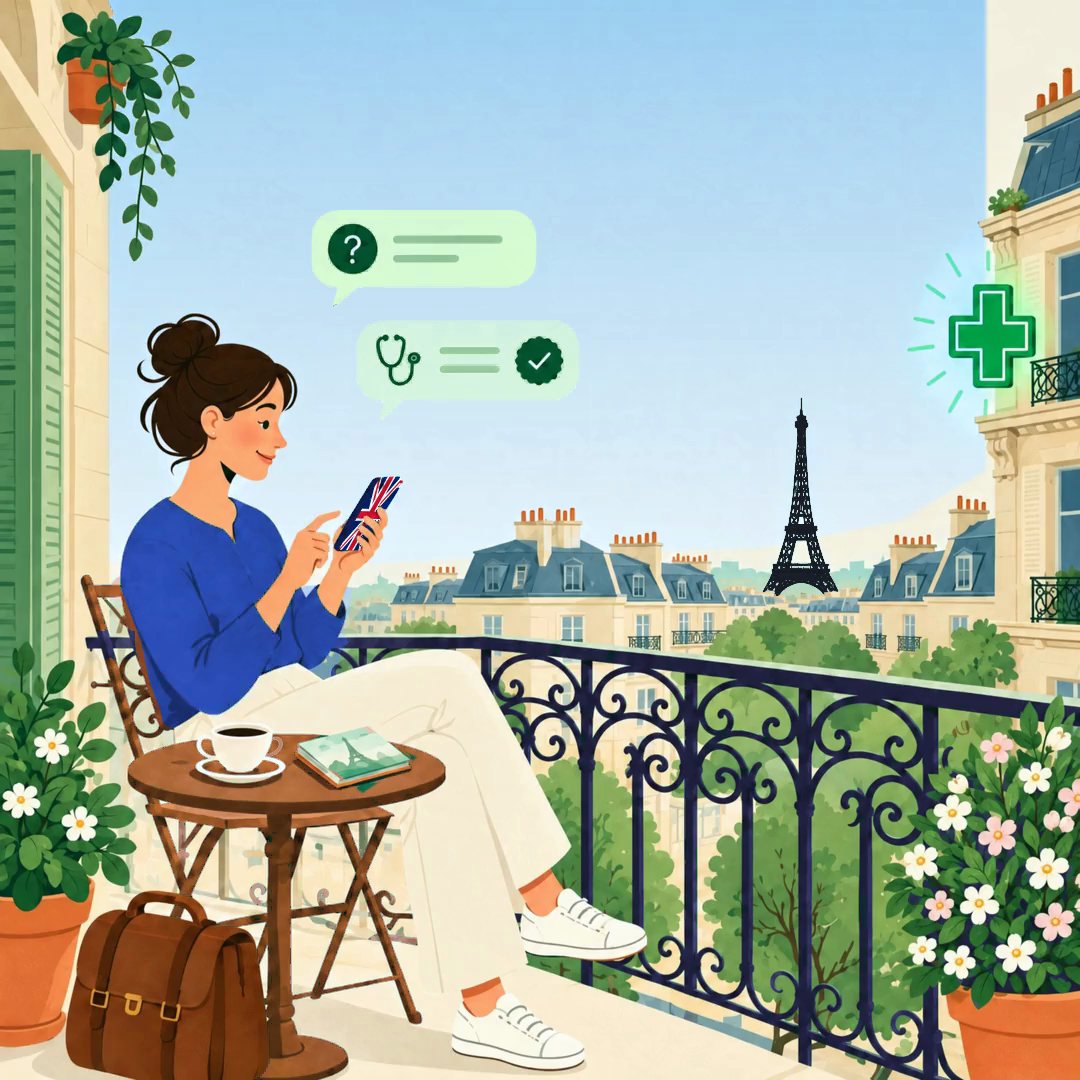 A traveller on a Paris balcony messages a French doctor; the prescription flies to the pharmacy